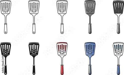 Kitchen spatula vector icon set featuring flat, line art, and colored styles for cooking, culinary tools, restaurant equipment, and household utensil design elements.