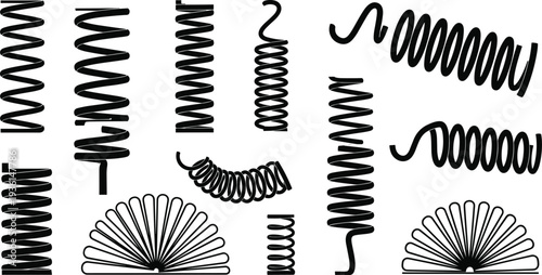 Metal spring vector set featuring various industrial spiral coils compression tension and flexible wire shapes in black line art for engineering and manufacturing.