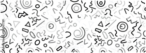 Black and gray abstract shapes scattered on white background