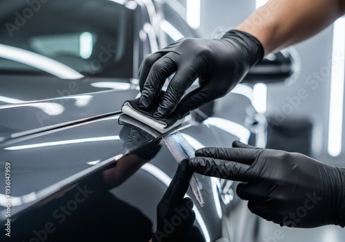 Professional car detailer in black gloves applying a protective ceramic coating or paint protection film to the gleaming surface of a luxury dark vehicle in a modern auto studio.