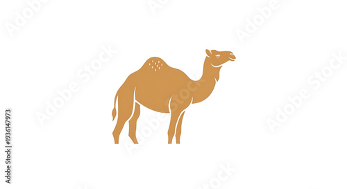 A stylized, minimalist vector illustration of a dromedary camel in a warm, earthy brown hue against a clean white background