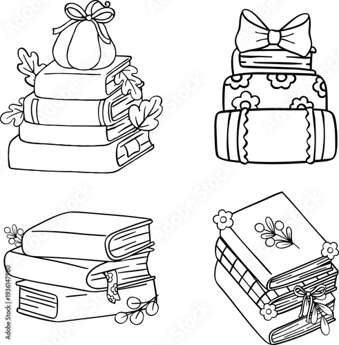 Cute Stack of Books Line Art Coloring Page Illustration Set.
