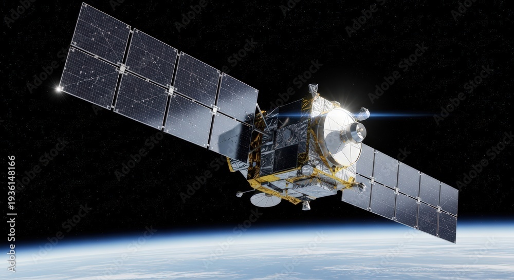 Fototapeta premium Artificial Satellite Orbiting Above the Beautiful Earth in Outer Space, Majestic View of Our Planet