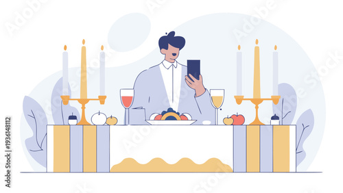 Man using phone at formal dinner table with golden candelabras.