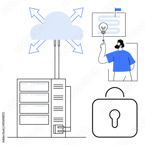 Data protection, information sharing, secure storage, cloud computing, cybersecurity, technology, innovation. ion of servers connected to a cloud with a lock and a person sharing ideas. Data