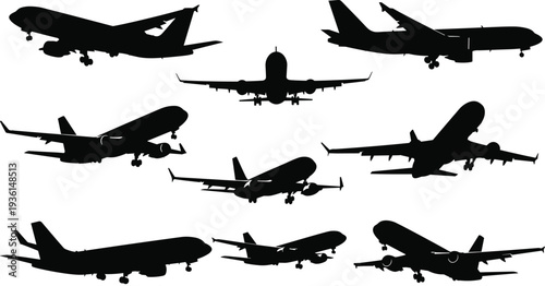 Airplane silhouette collection with different passenger aircraft views, commercial aviation vector illustration isolated on white background