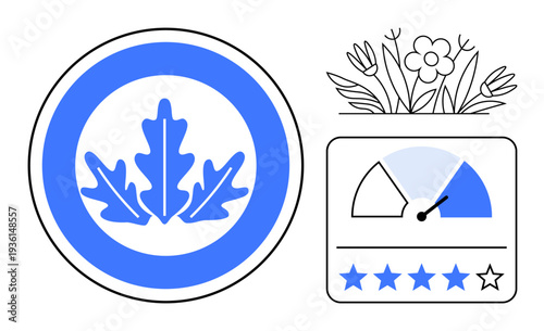 Sustainability concept. Sustainability symbol oak leaves, a flower design, and a customer rating scale. Sustainability for eco-friendly programs, green products, and conscious living. For branding