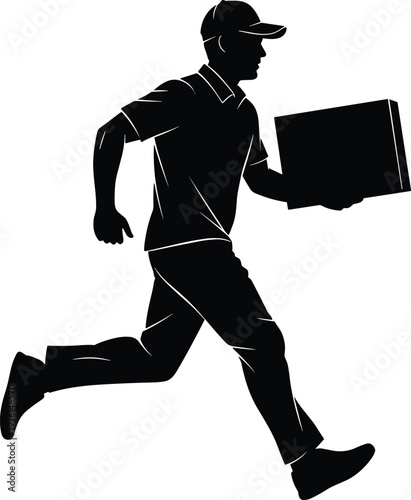 Delivery courier running with package box silhouette fast shipping service concept isolated on white background logistics illustration