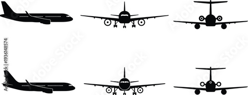 Airplane silhouette collection, commercial passenger jet aircraft side front and rear views isolated on white background vector