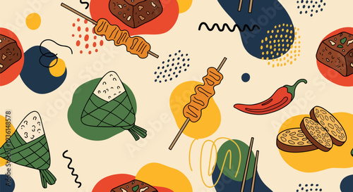 Decorative Culinary Pattern Abstract Geometric Texture with Satay, Bacem, and Rice Dumplings