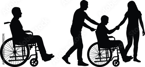Disabled person in wheelchair with family support silhouette, caregiving assistance concept, inclusive lifestyle, rehabilitation and disability support illustration