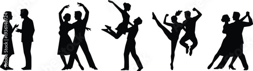 Elegant black silhouettes of dancing couples performing ballroom salsa tango moves isolated on white background celebration romance party energy illustration
