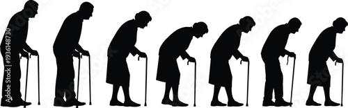 Elderly people walking with cane silhouettes senior men and women isolated on white background aging concept illustration