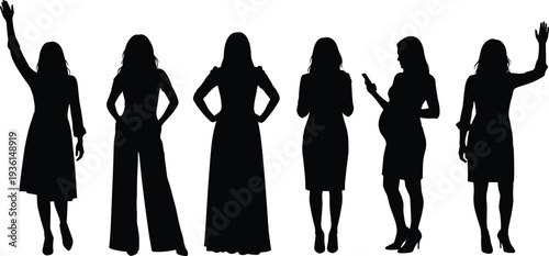 Women silhouettes collection showing standing female poses with casual lifestyle gestures isolated on white background illustration set