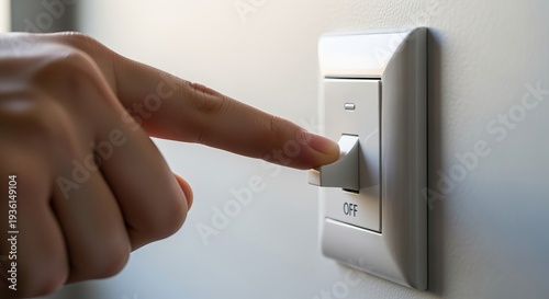 Minimalist Hand Action Demonstrating Turning Off Wall Light Switch for Energy Conservation Use