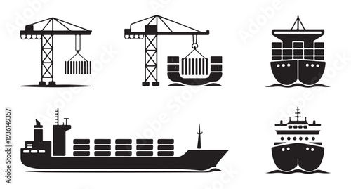 Industrial port logistics set featuring cargo ship icons and heavy gantry crane silhouettes