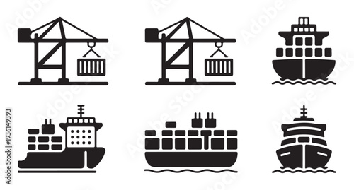 Simplified maritime transport icons with various cargo ship designs and harbor gantry cranes