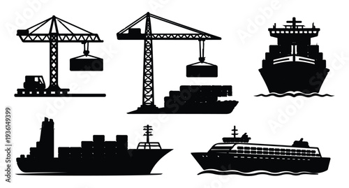 Detailed black silhouette set of industrial cargo ships and heavy gantry loading equipment