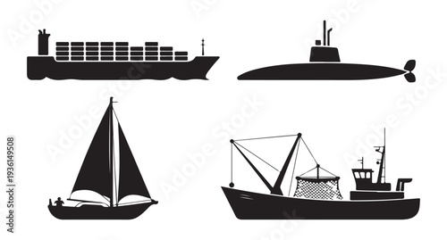 Nautical vessel collection with container ship submarine sailing boat and fishing trawler