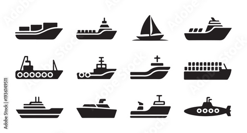 Set of cargo ships transportation icons. collection of boats and submarine signs