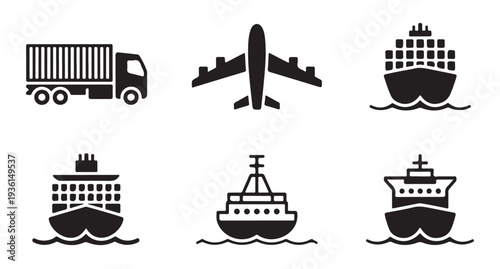 Set of transportation icons including truck airplane and various types of ships