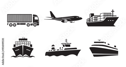 Collection of black and white transportation icons depicting truck airplane and ships