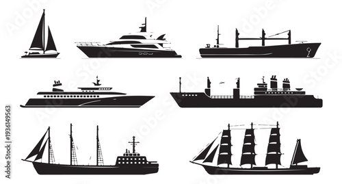 Diverse collection of boats and ships icons including sailboat yacht and freighter