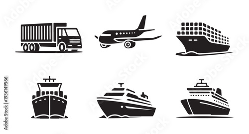 Assorted vector icons for transportation modes like truck plane and different vessels