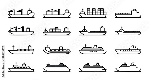 Set of line icons for various merchant vessels and container ships for maritime logistics