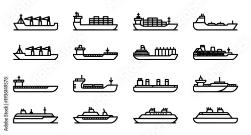 Modern cargo ship and passenger liner icons for global transportation and naval logistics