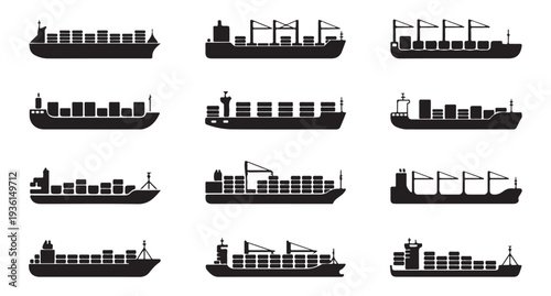 Collection of stylized cargo ships carrying containers in silhouette against white background