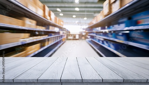 empty white adjustable table with blurred shelves background motion blur business concept motion bokeh background
