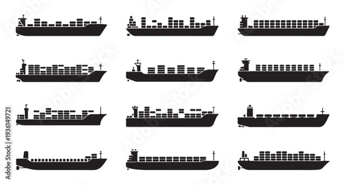 Assortment of black silhouette container ships sailing on water modern marine transport
