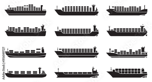 Nine minimalist black icons representing different types of cargo ships for shipping logistics