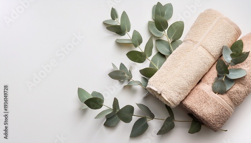 eucalyptus leaves and beige towels arranged on white background copy space