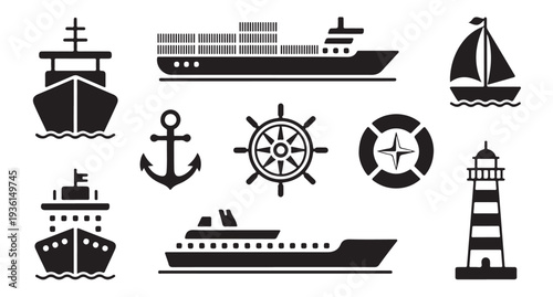Set of marine and nautical icons featuring ships lighthouse anchor steering wheel