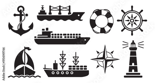 Collection of nautical symbols anchor ship wheel lifebuoy compass lighthouse sailboat