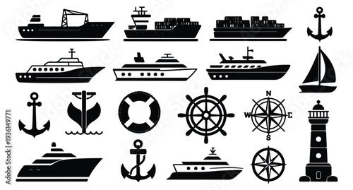 Nautical icons collection featuring various ships anchors and maritime navigation equipment