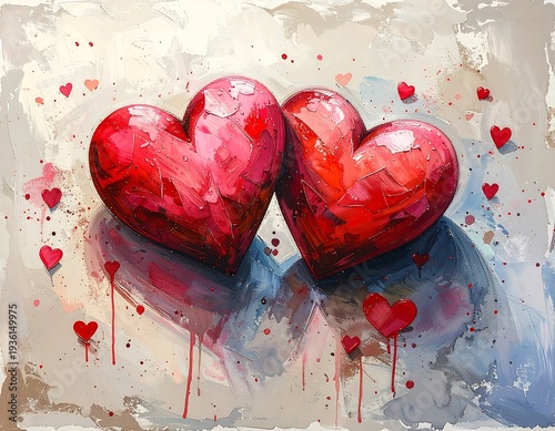 A vibrant painting of two red hearts on a colorful background