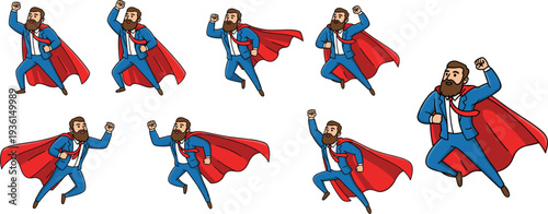 business superhero flying character set, businessman hero in suit cape, leadership success concept, corporate motivation, cartoon vector illustration