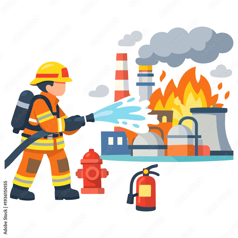 Fototapeta premium Firefighter extinguishing factory fire with hose