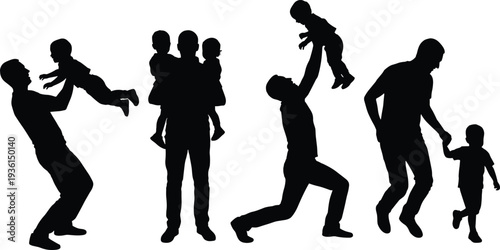 Father playing with children silhouette set, happy dad lifting and holding kids, family love parenting concept illustration