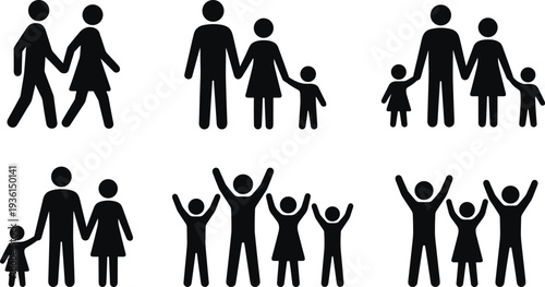 Family silhouette icon set parents children people together happy family concept black vector illustration isolated