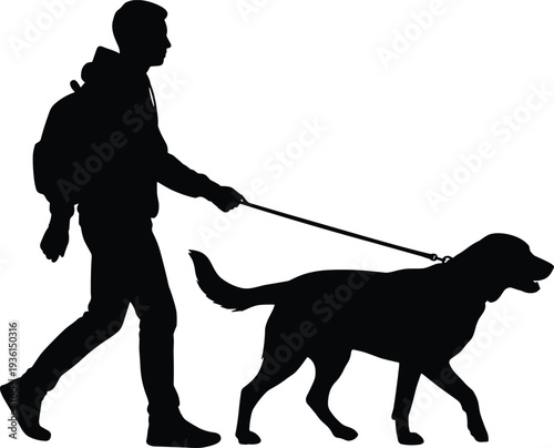 Man walking dog on leash silhouette, pet owner outdoor activity with canine companion, pet care lifestyle concept illustration