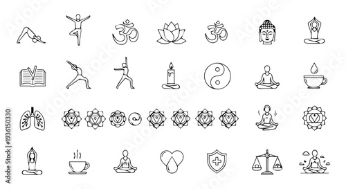 Set of 35 Outline Yoga and Meditation Vector Icons for Wellness, Spirituality, Mindfulness, and Healthy Lifestyle Designs isolated PNG with Transparent Background