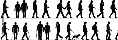 People walking silhouettes collection including men women couples elderly with cane and dog walking isolated on white background illustration