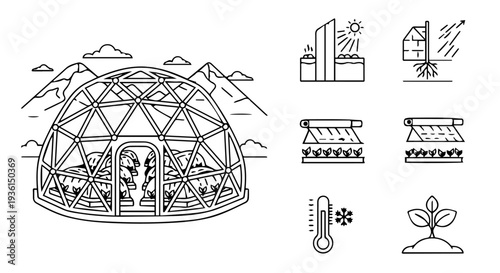 Set of 7 black and white line art vector icons depicting a geodesic dome greenhouse with plants, solar panels, a thermometer, and a sprouting plant