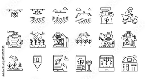 Set of 20 Smart Farming and Agriculture Technology Vector Icons: Drones, Robots, Fields, and Mobile Apps for Modern Agri-Business isolated PNG with Transparent Background