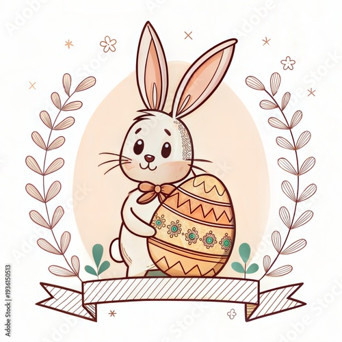 An adorable illustration of a cute Easter bunny holding a decorated egg. Spring holiday cartoon character with a blank banner for copy space