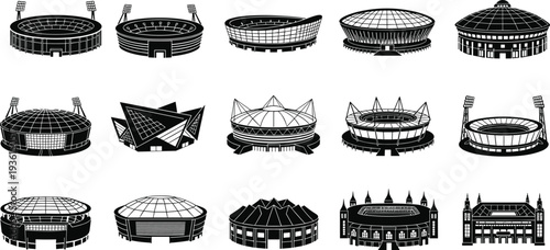 Sports stadium silhouettes collection with arena buildings and football venues isolated on white background architecture vector illustration set